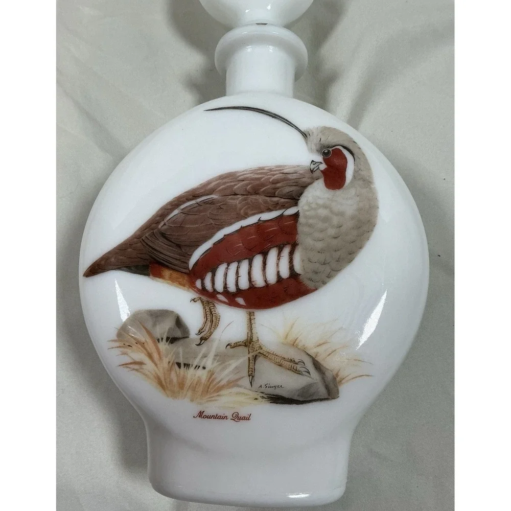 Field Birds Mountain Quail Milk Glass Whiskey Decanter Hand Painted By A. Singer